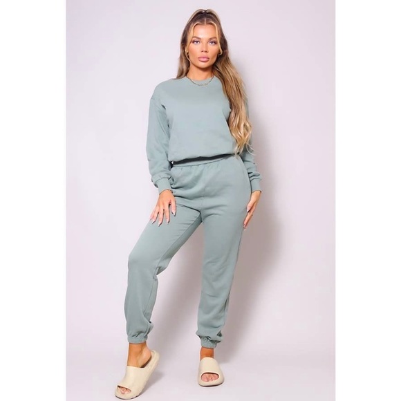 Sage Green Two Piece Crewneck Long Sleeve Top with Joggers Pants Set - Picture 6 of 7